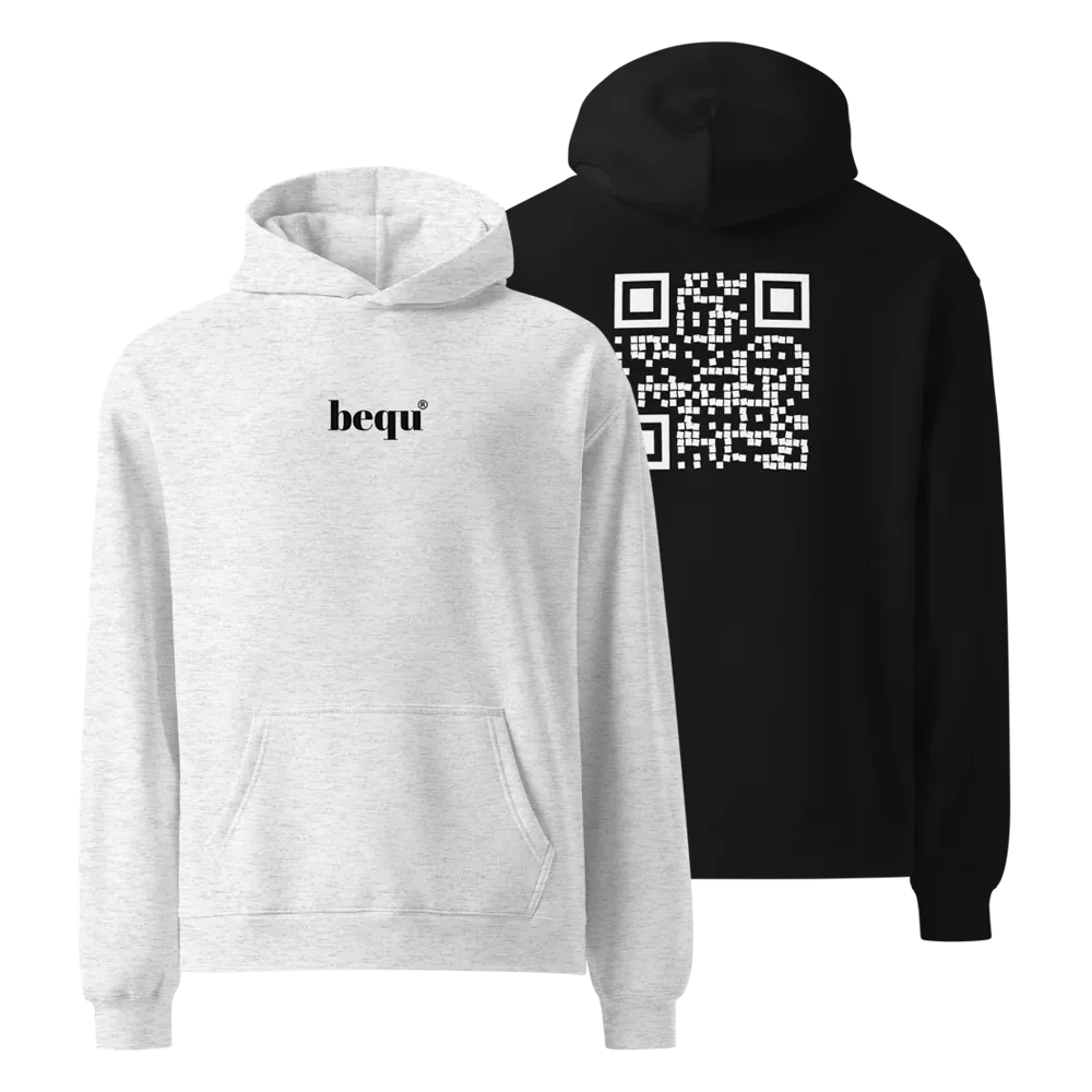 Oversized hoodie in heather white with the bequ logo and in black with a large QR code on the back